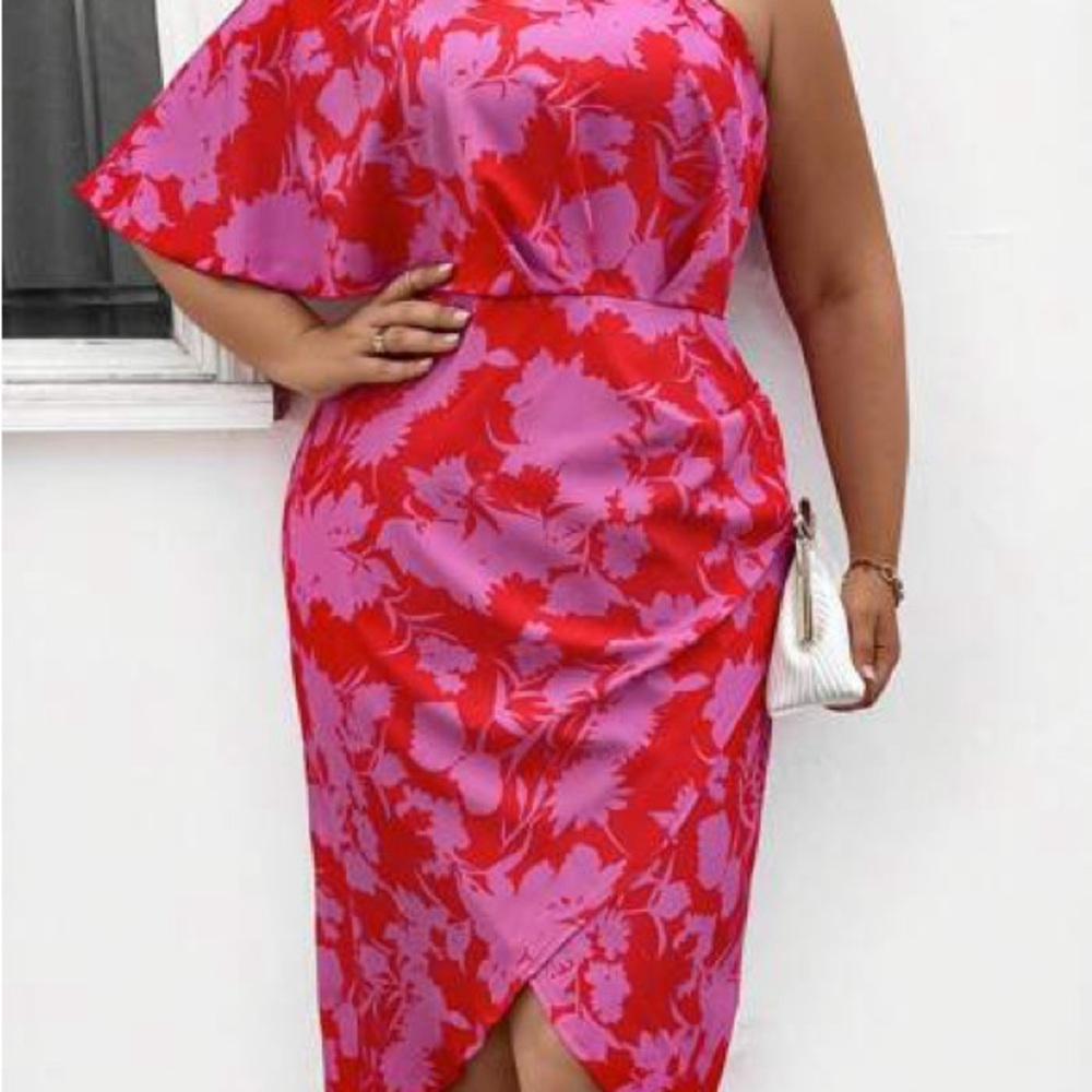 Amazon One-Shoulder Floral Dress - Red and Pink
